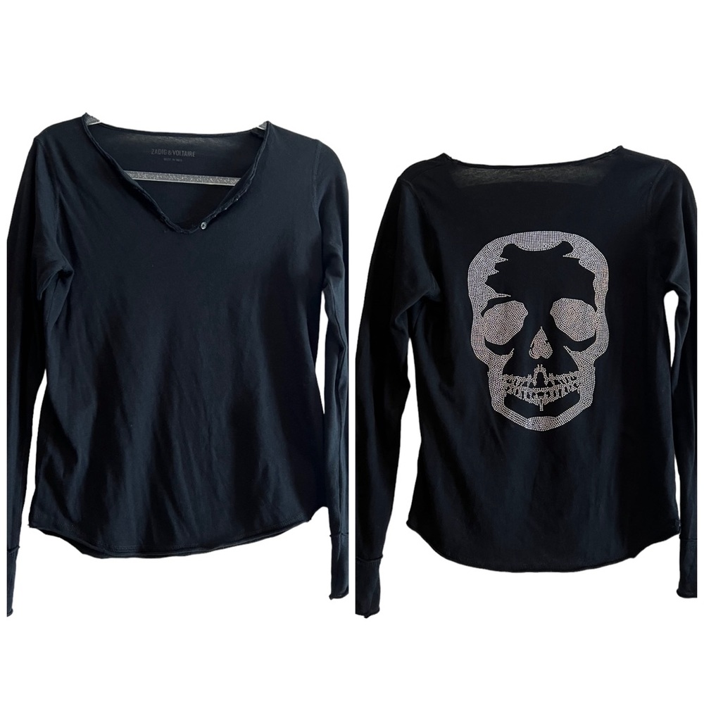 Zadig & Voltaire Skull Back Long Sleeve Henley Tee Size XS